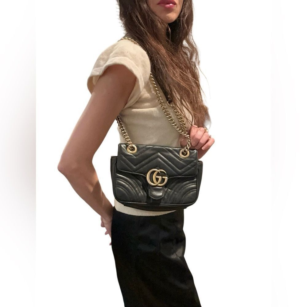 Gucci Black Chevron Marmont Bag with Gold Accents - Picture 15 of 15